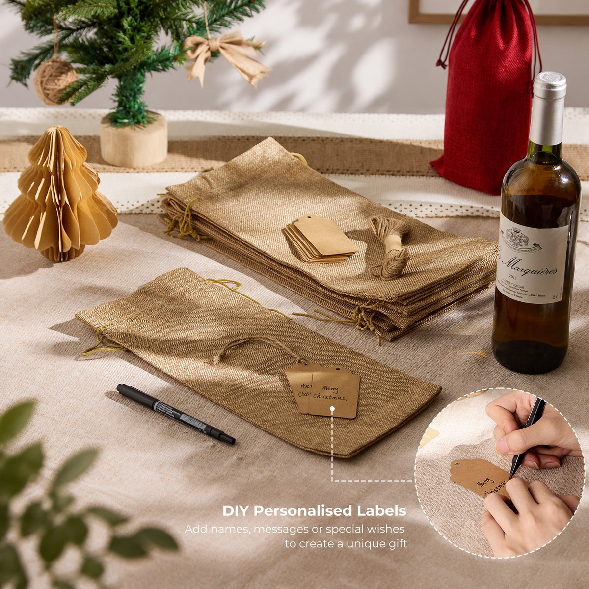 Burlap-Style Wine Gift Bags with Tags - 12 Pack