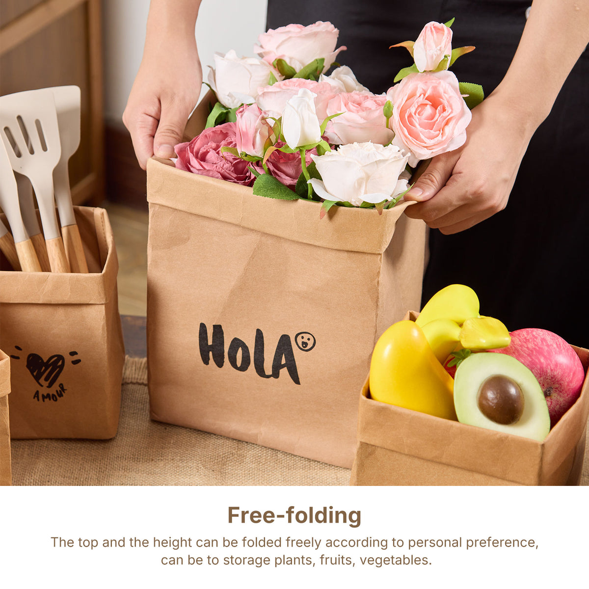Washable Kraft Paper Storage Bags with Writing - 5 Pack