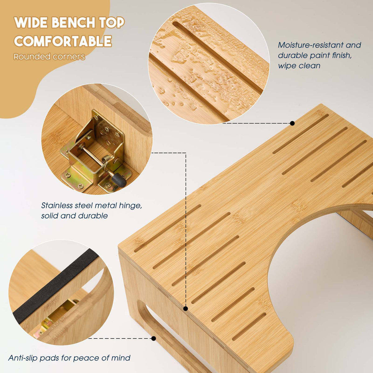 41cm Foldable Bamboo Toilet Stool with Non-Slip Footrest