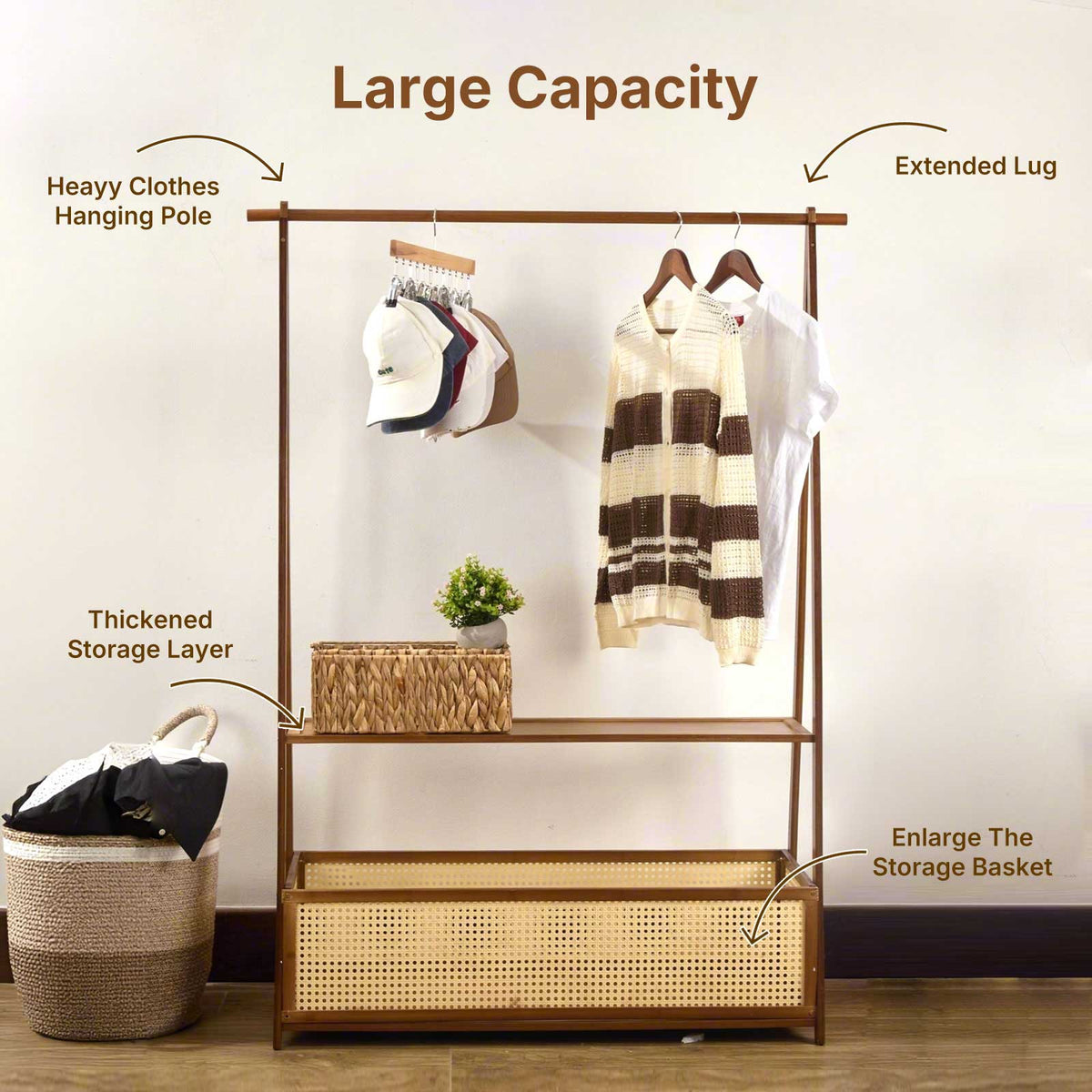 Bamboo Clothing Rack with Rattan Basket & Wheels