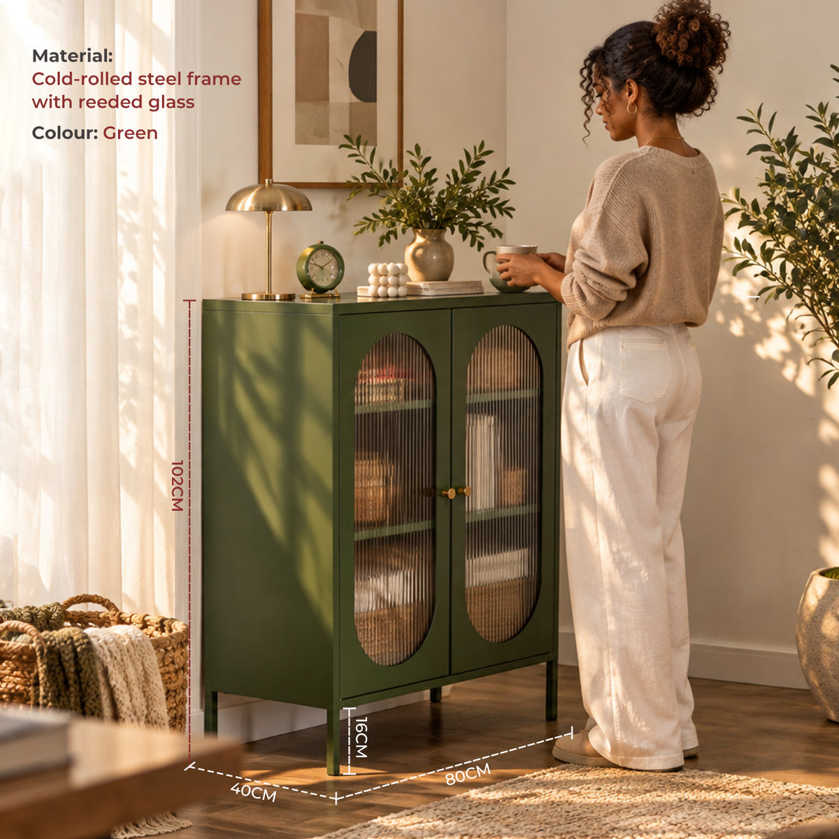Metal Sideboard Cabinet with Ribbed Glass Doors