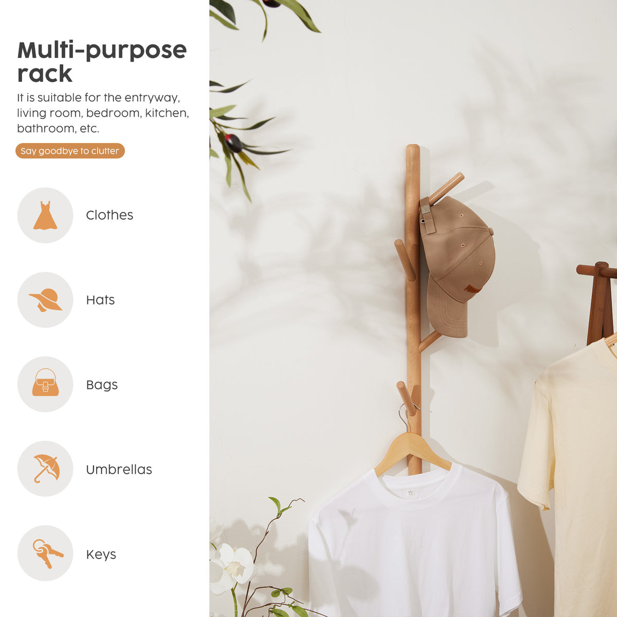 Solid Wood Wall-Mounted Coat Rack - 4 Hooks