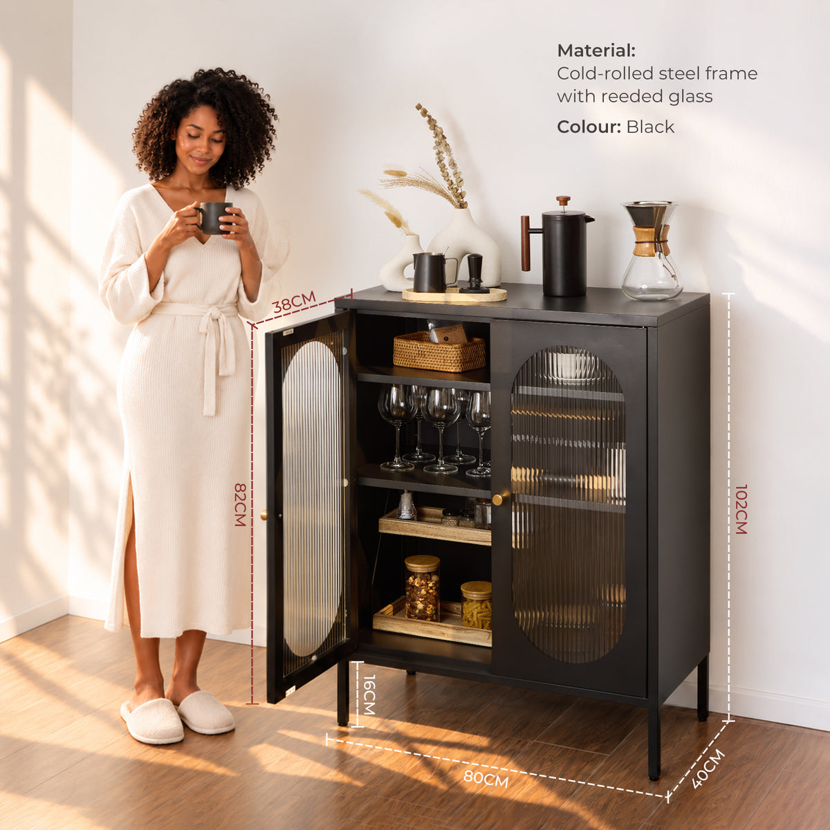 Metal Sideboard Cabinet with Ribbed Glass Doors