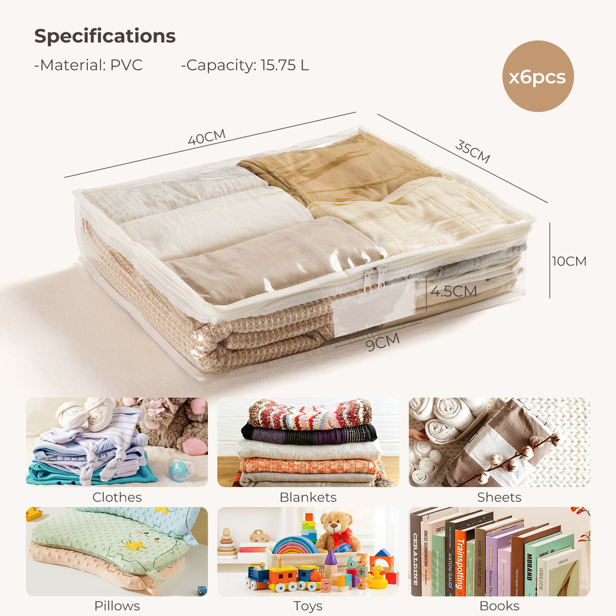 Clear PVC Storage Bags with Zipper for Kids Clothes & Toys – 6 Piece Organiser Set