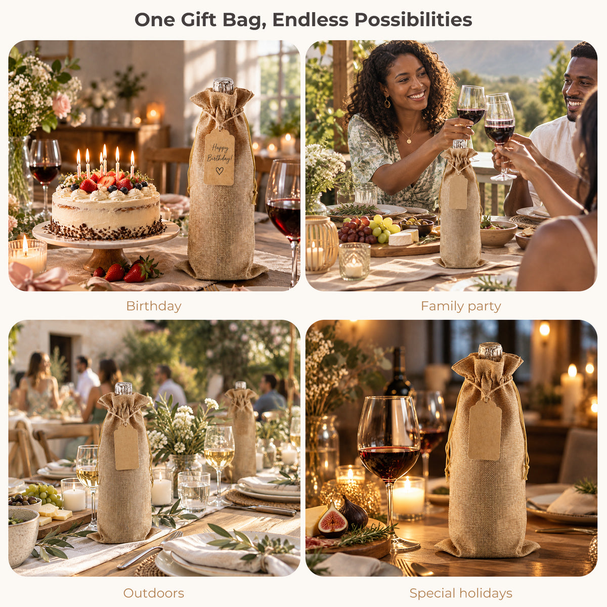 Burlap-Style Wine Gift Bags with Tags - 12 Pack