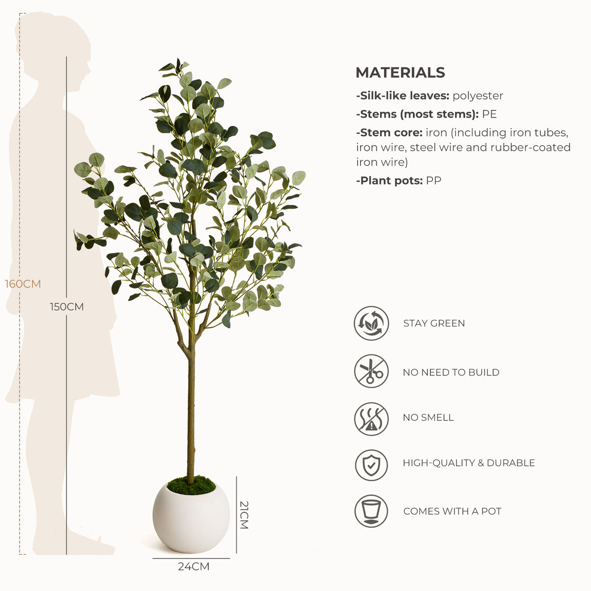 150cm Artificial Eucalyptus Tree with White Planter