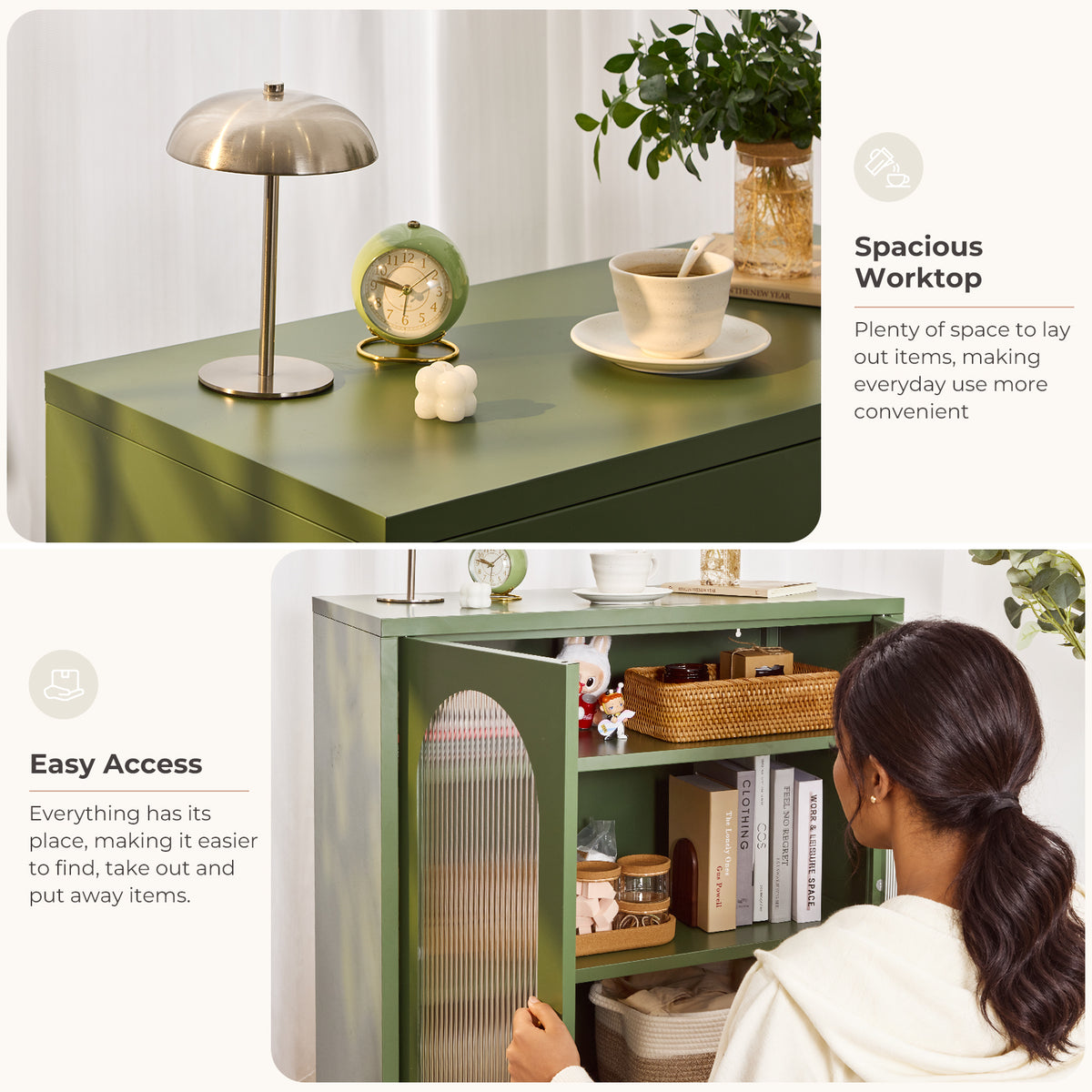 Metal Sideboard Cabinet with Ribbed Glass Doors