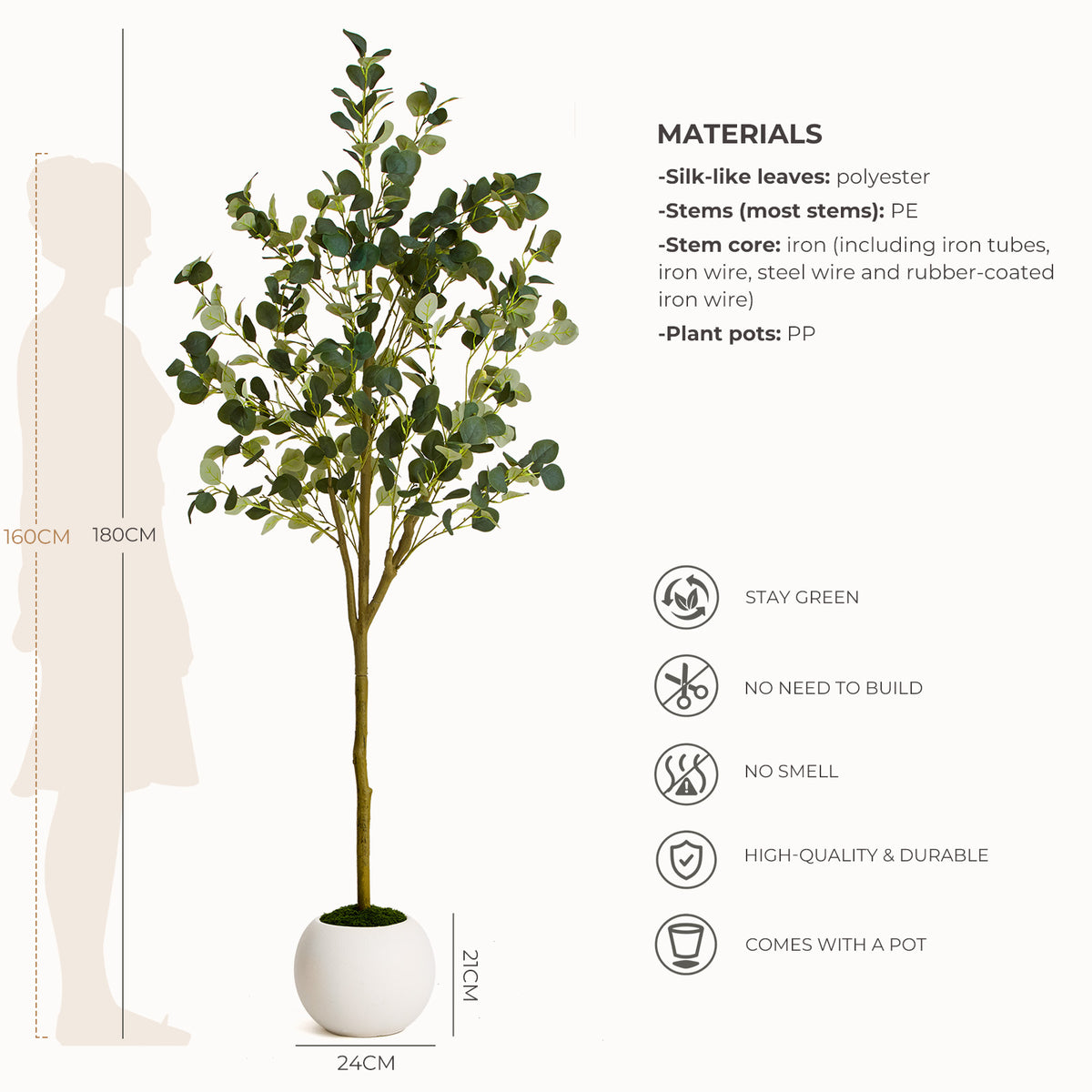 180cm Artificial Eucalyptus Tree with White Planter