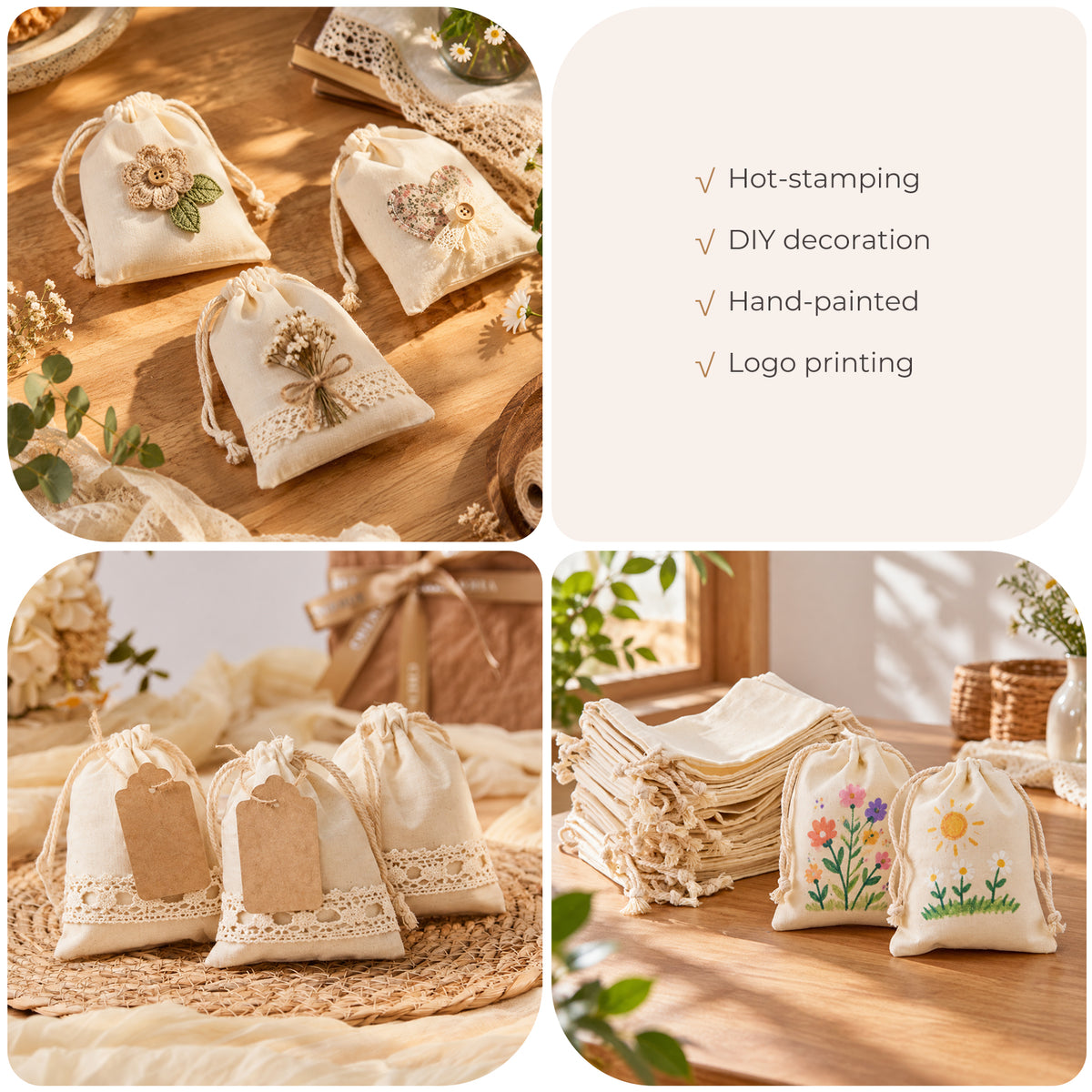 Cotton Drawstring Bags with Tags 9 x 12 cm - 50 Pack