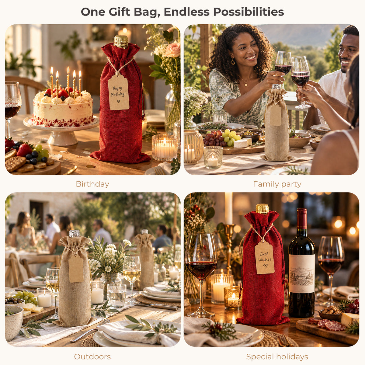 Burlap-Style Wine Gift Bags with Tags - 12 Pack
