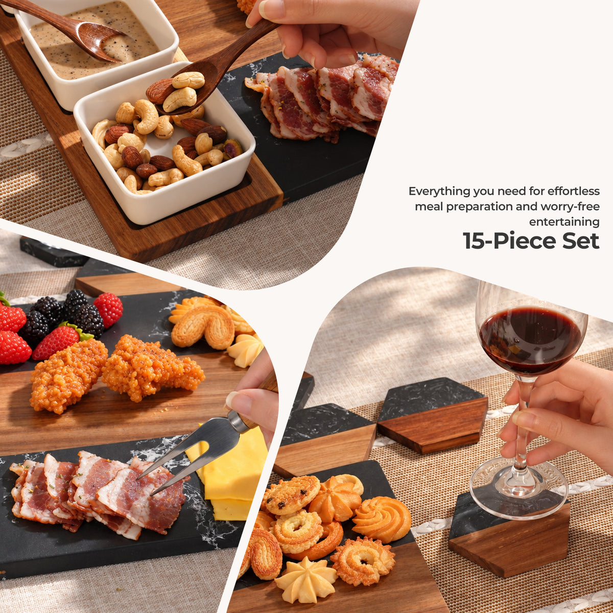 Acacia Wood & Black Marble Charcuterie Board Set