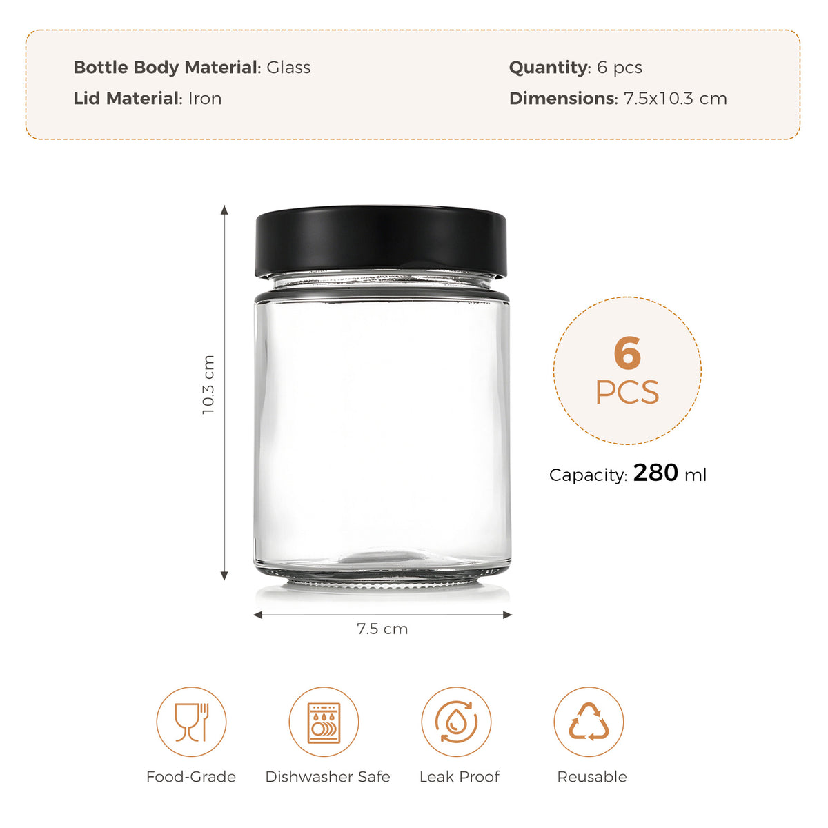 280ml Glass Storage Jars with Black Lids