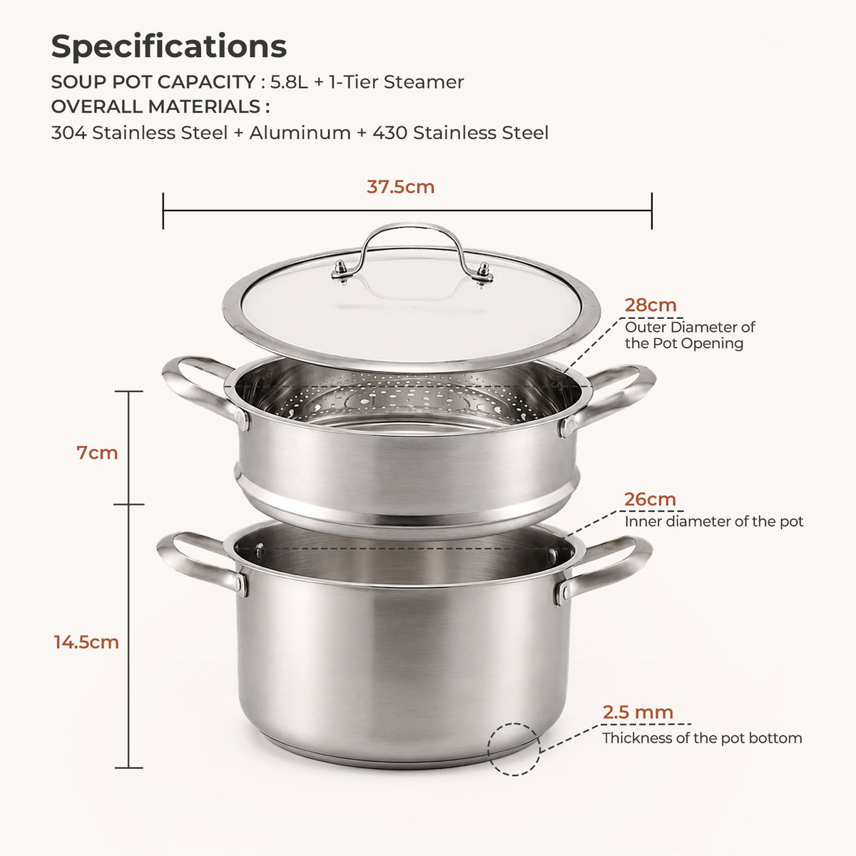 Stainless Steel Steamer Pot with Glass Lid - 5.8 L