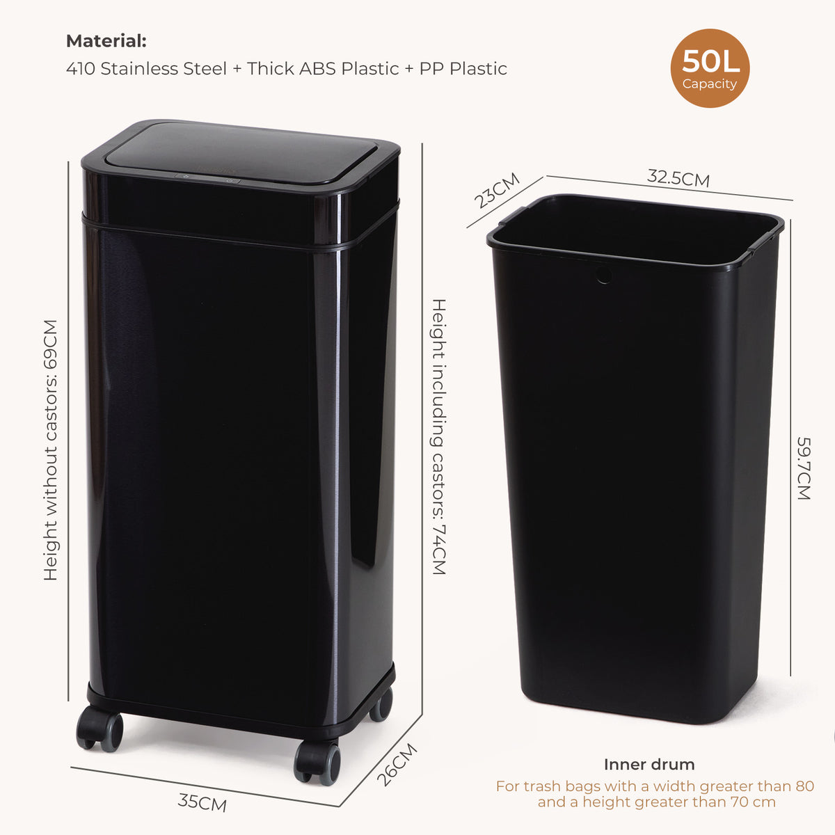 50L Stainless Steel Touchless Sensor Bin