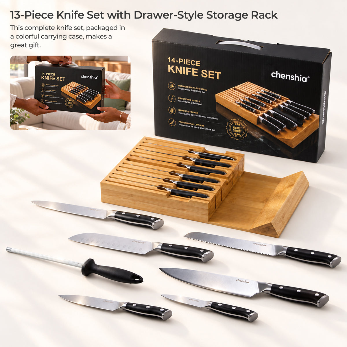 14-Piece Knife Set with Bamboo Drawer Block
