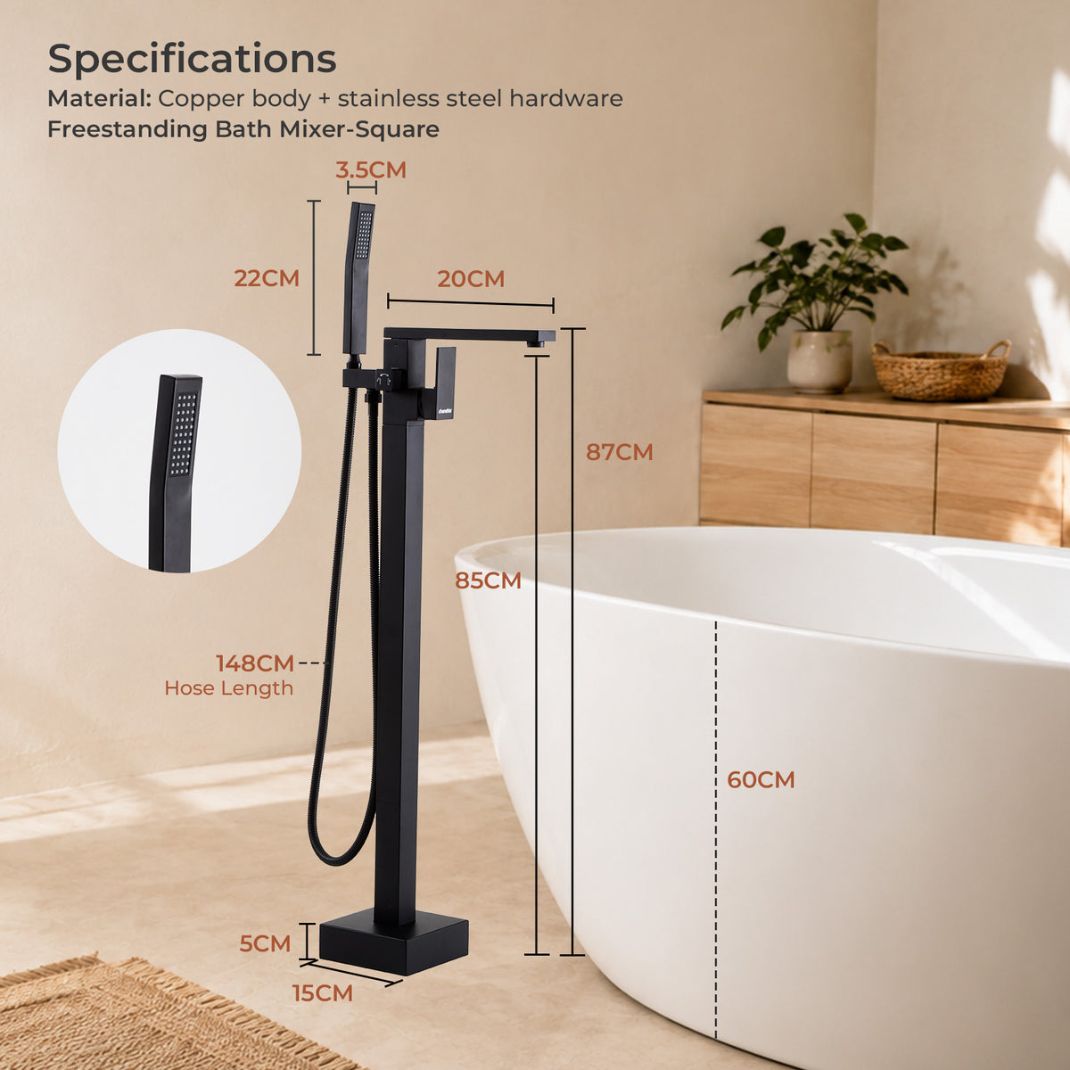 Freestanding Bath Mixer & Handheld Shower - Square