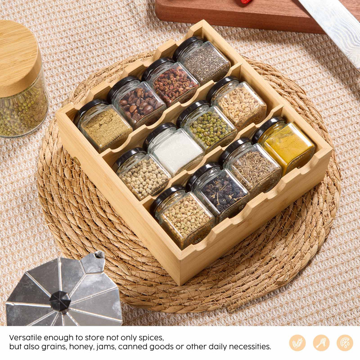 3-Tier Bamboo Spice Rack with 12 Glass Jars