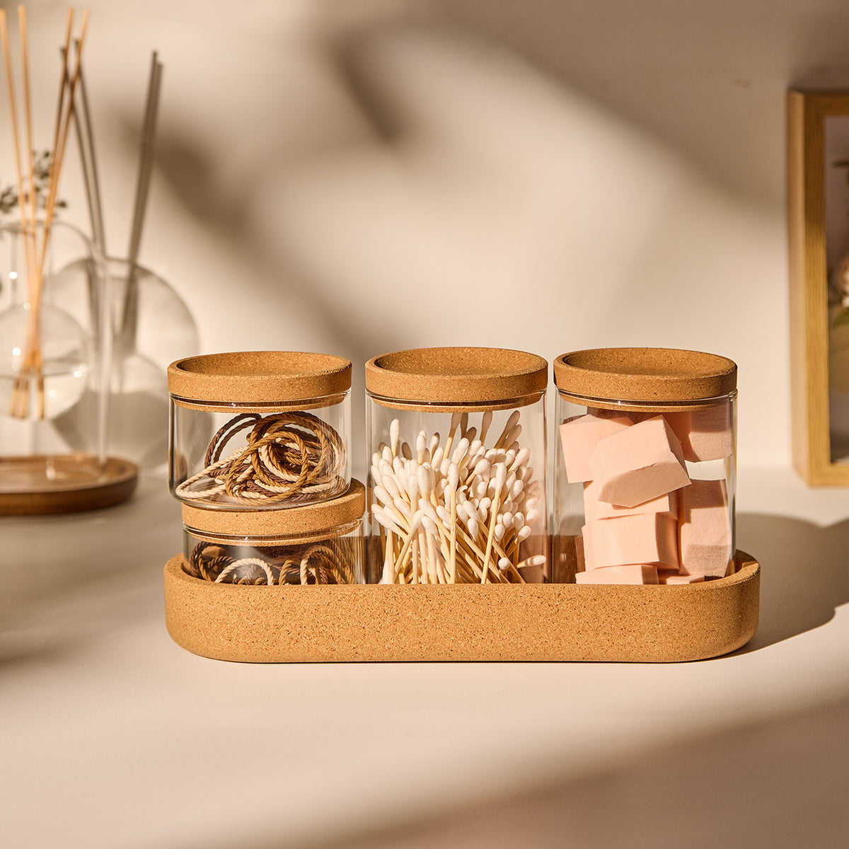 Glass Storage Jar Set with Cork Lids & Tray