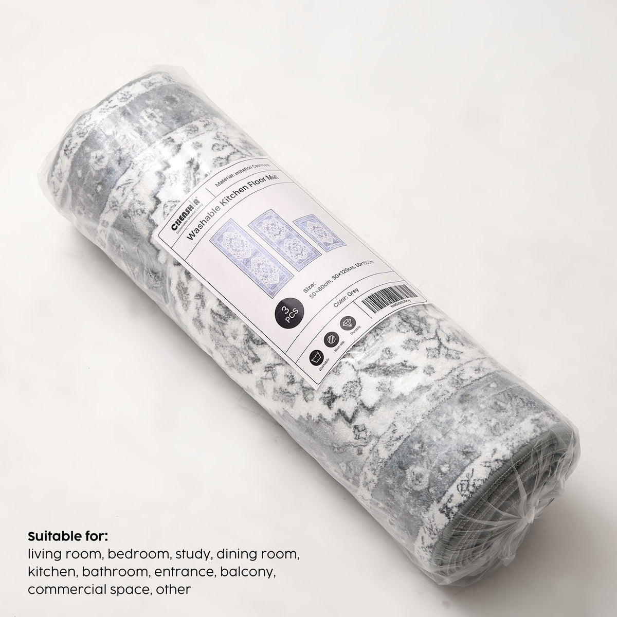 Grey Hallway Rug Set - 3 Piece