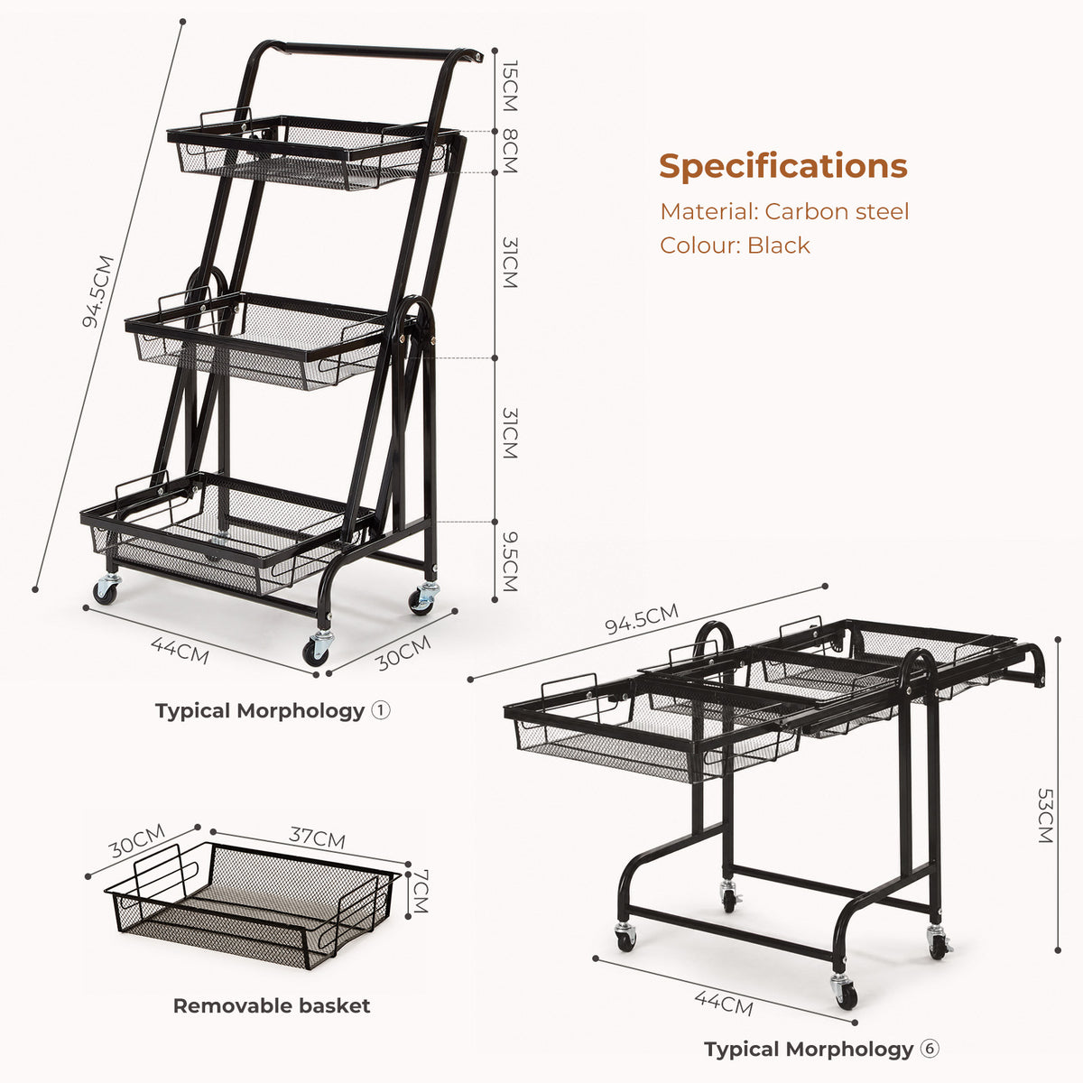 3-Tier Adjustable Storage Trolley