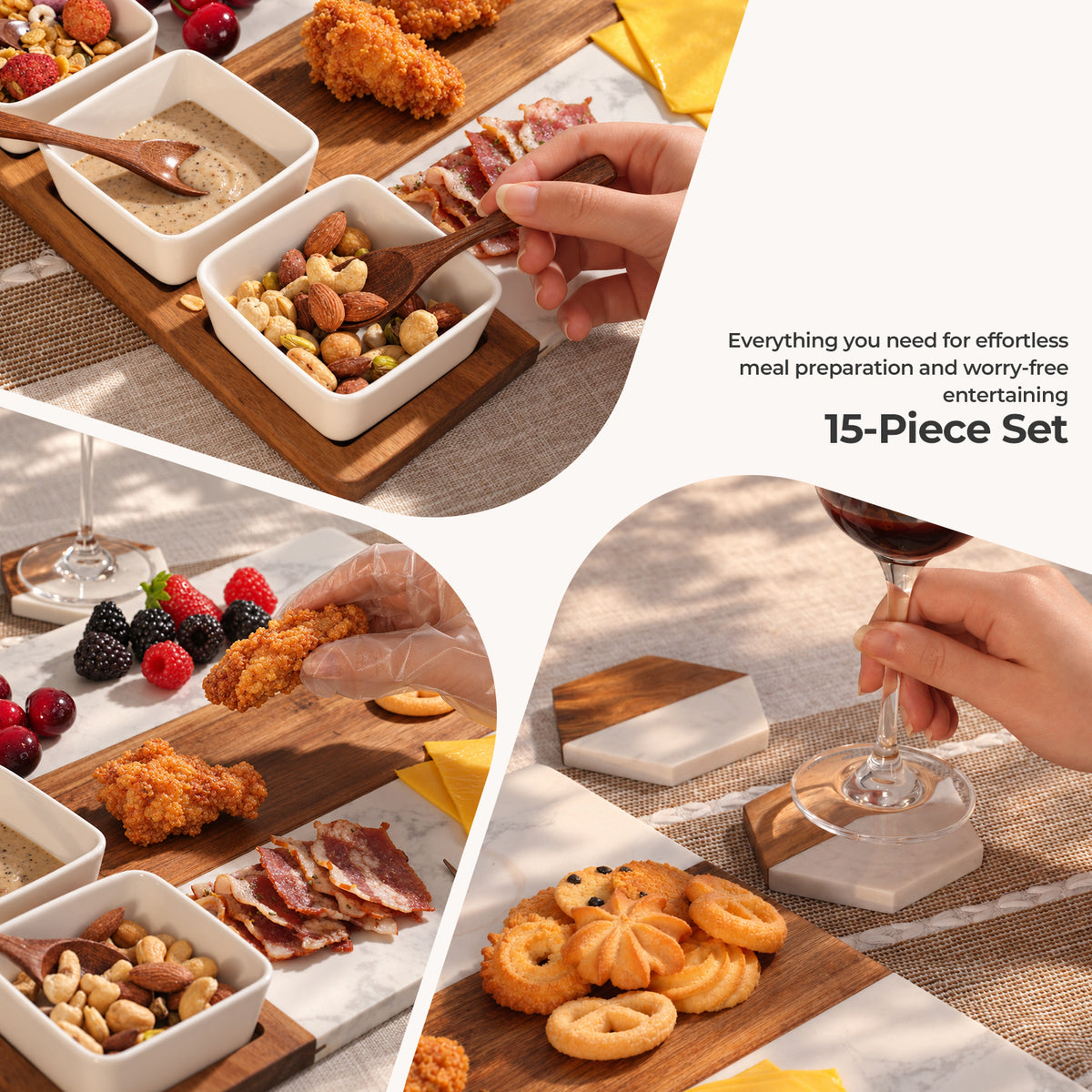 Acacia Wood & White Marble Charcuterie Board Set