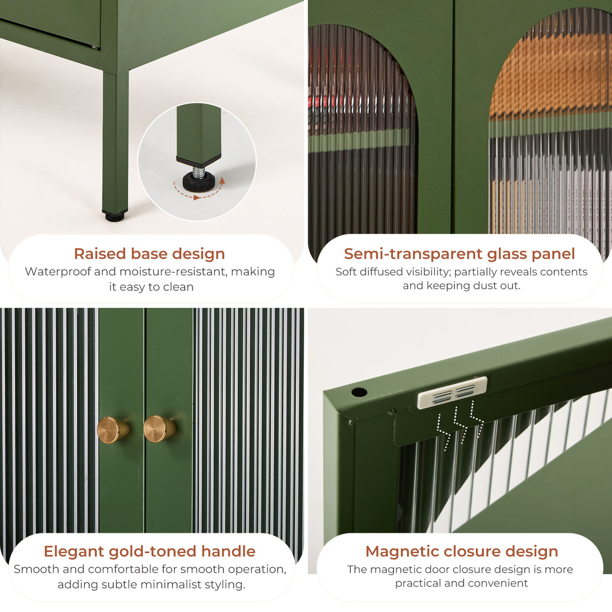 Metal Sideboard Cabinet with Ribbed Glass Doors