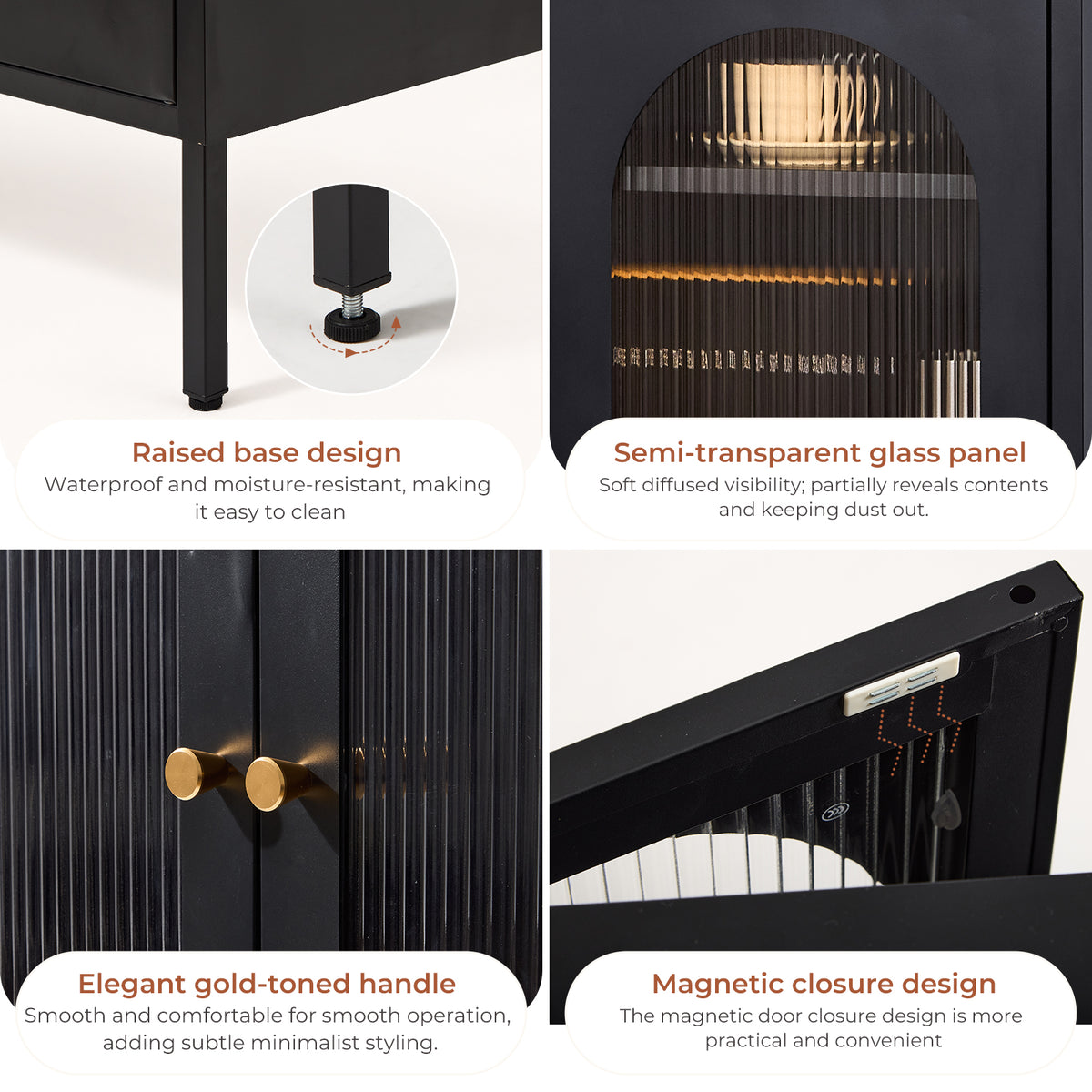 Metal Sideboard Cabinet with Ribbed Glass Doors