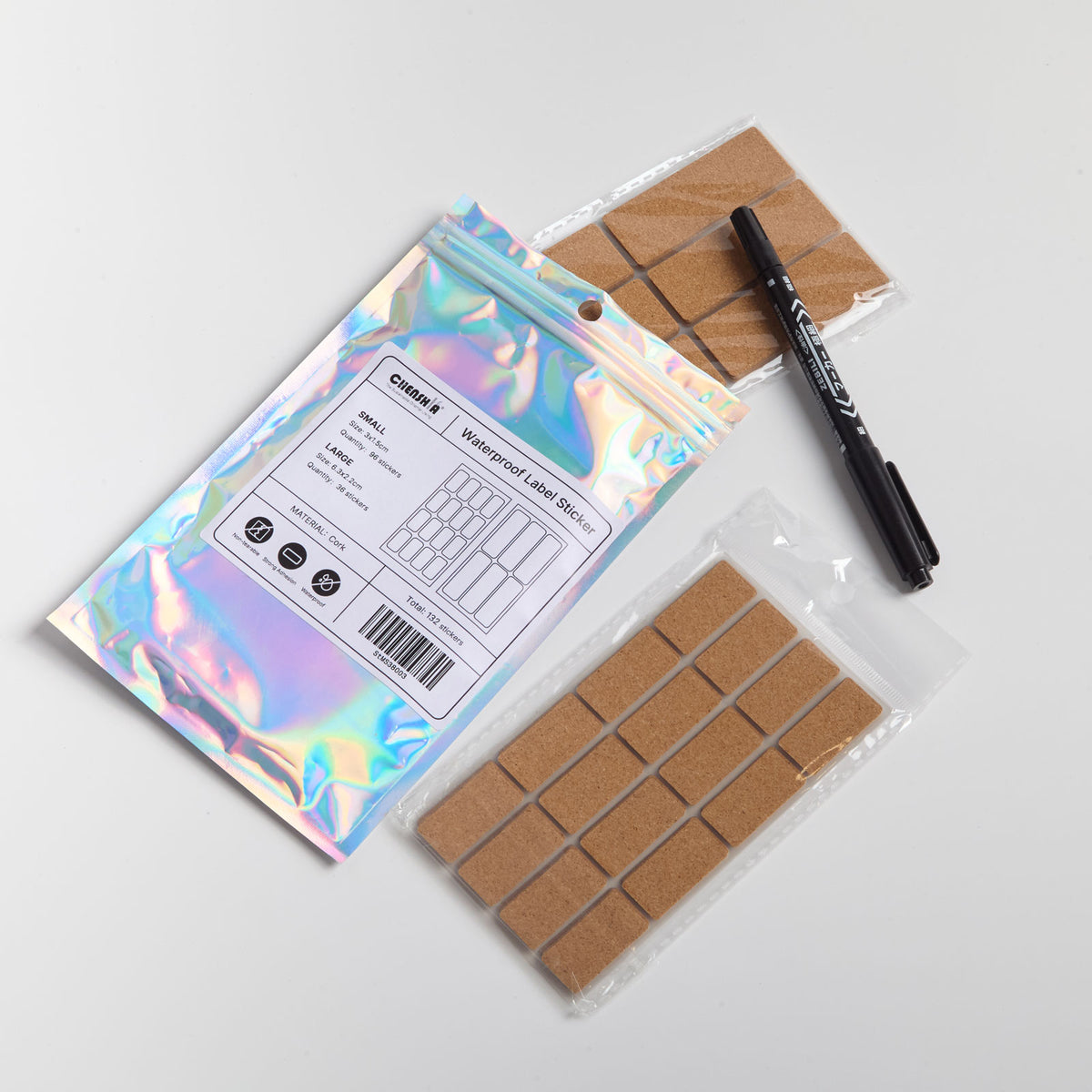 Waterproof Cork Labels with Marker Pen - 132 Pack (2 Sizes)