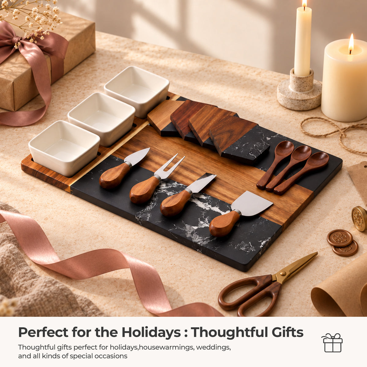 Acacia Wood & Black Marble Charcuterie Board Set