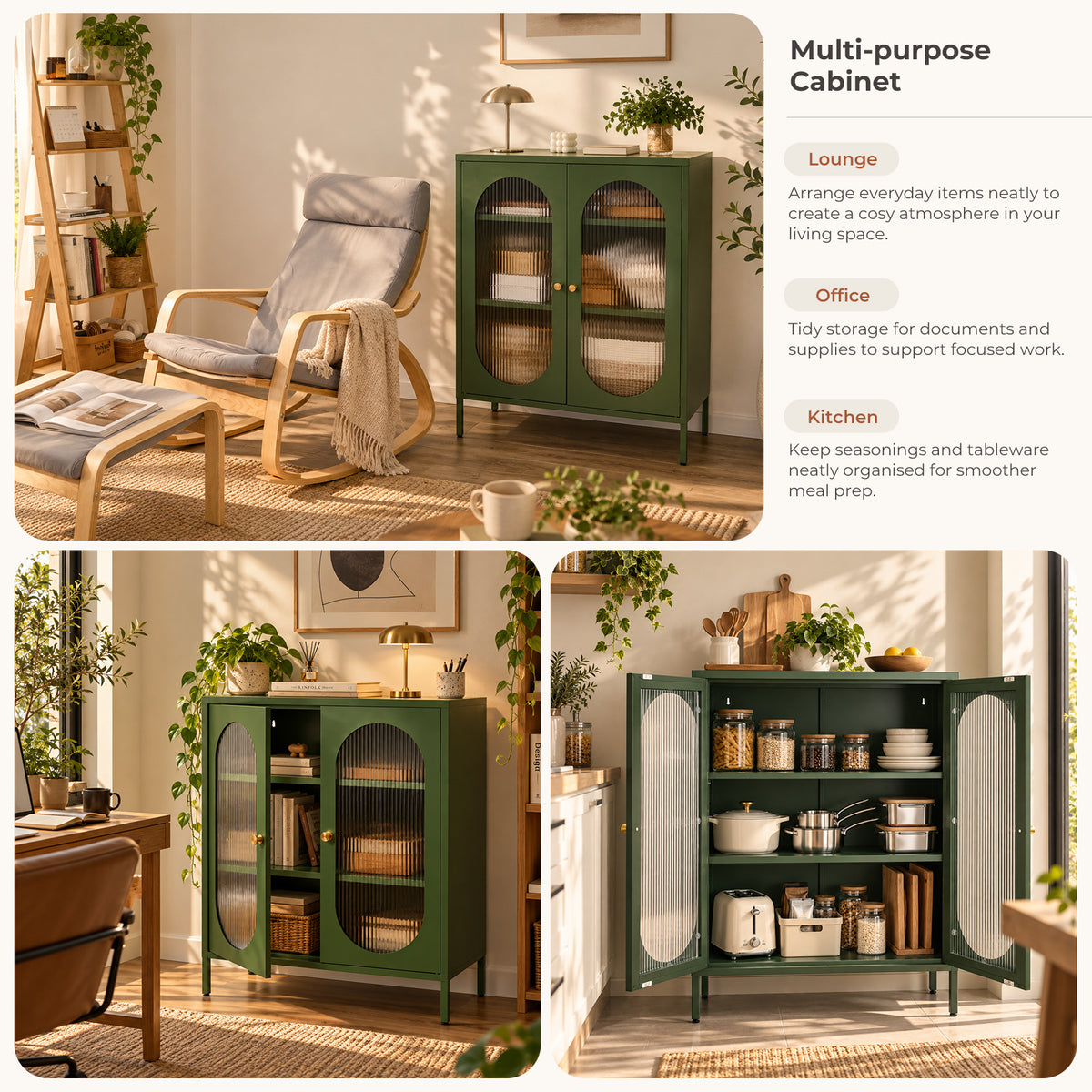 Metal Sideboard Cabinet with Ribbed Glass Doors