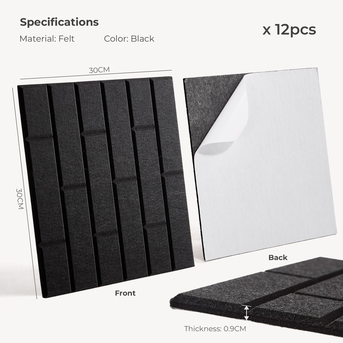Self-Adhesive Acoustic Felt Panels | 12-Pack | 30 × 30 cm