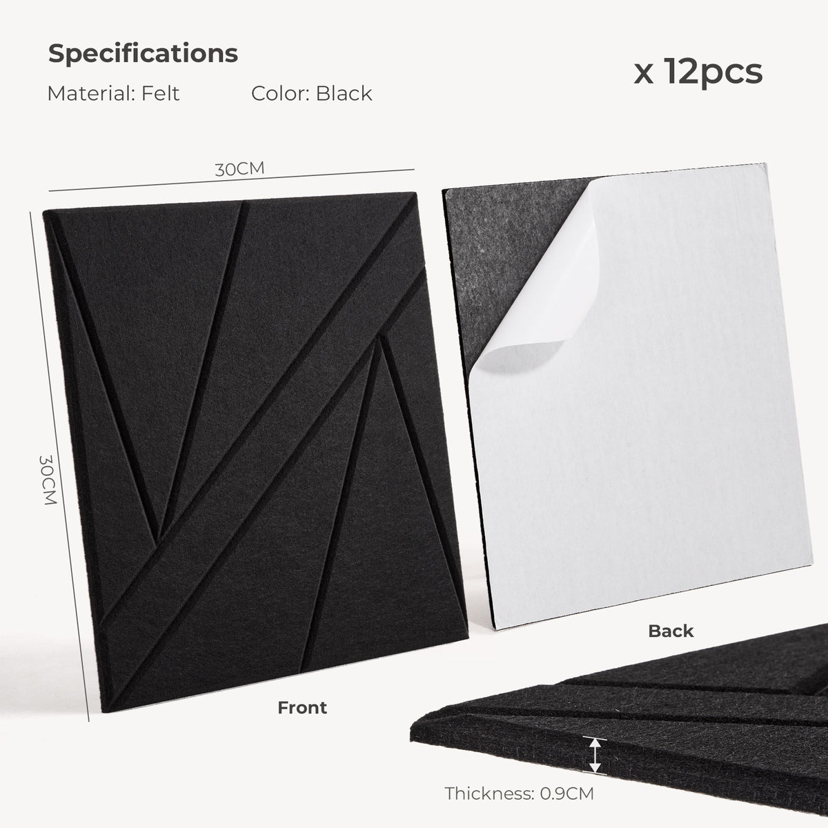 Black Self-Adhesive Acoustic Felt Panels | 12-Pack | 30 × 30 cm