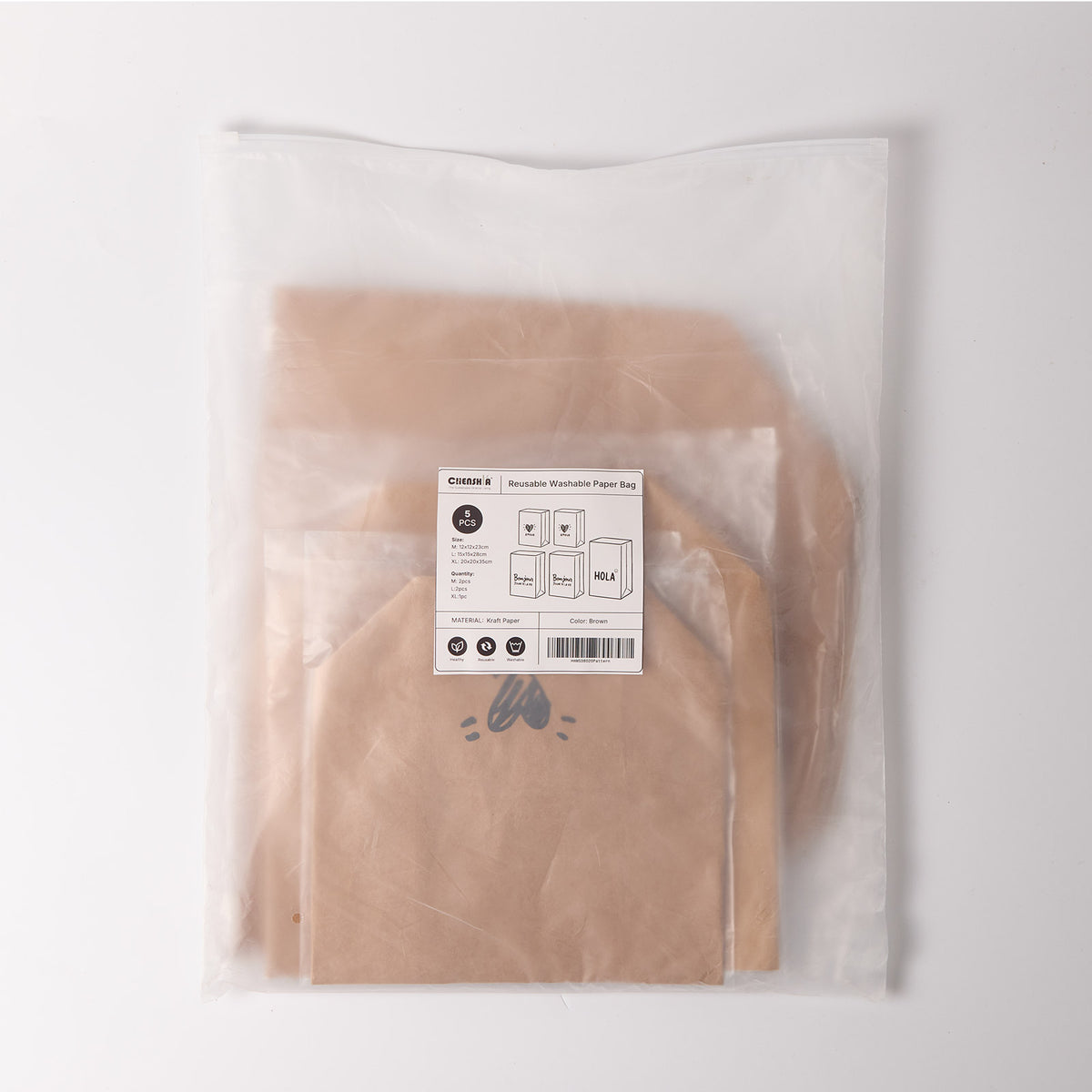 Washable Kraft Paper Storage Bags with Writing - 5 Pack