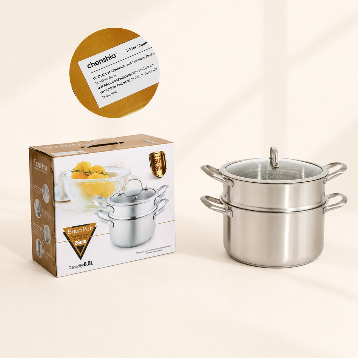 Stainless Steel Steamer Pot with Glass Lid - 5.8 L