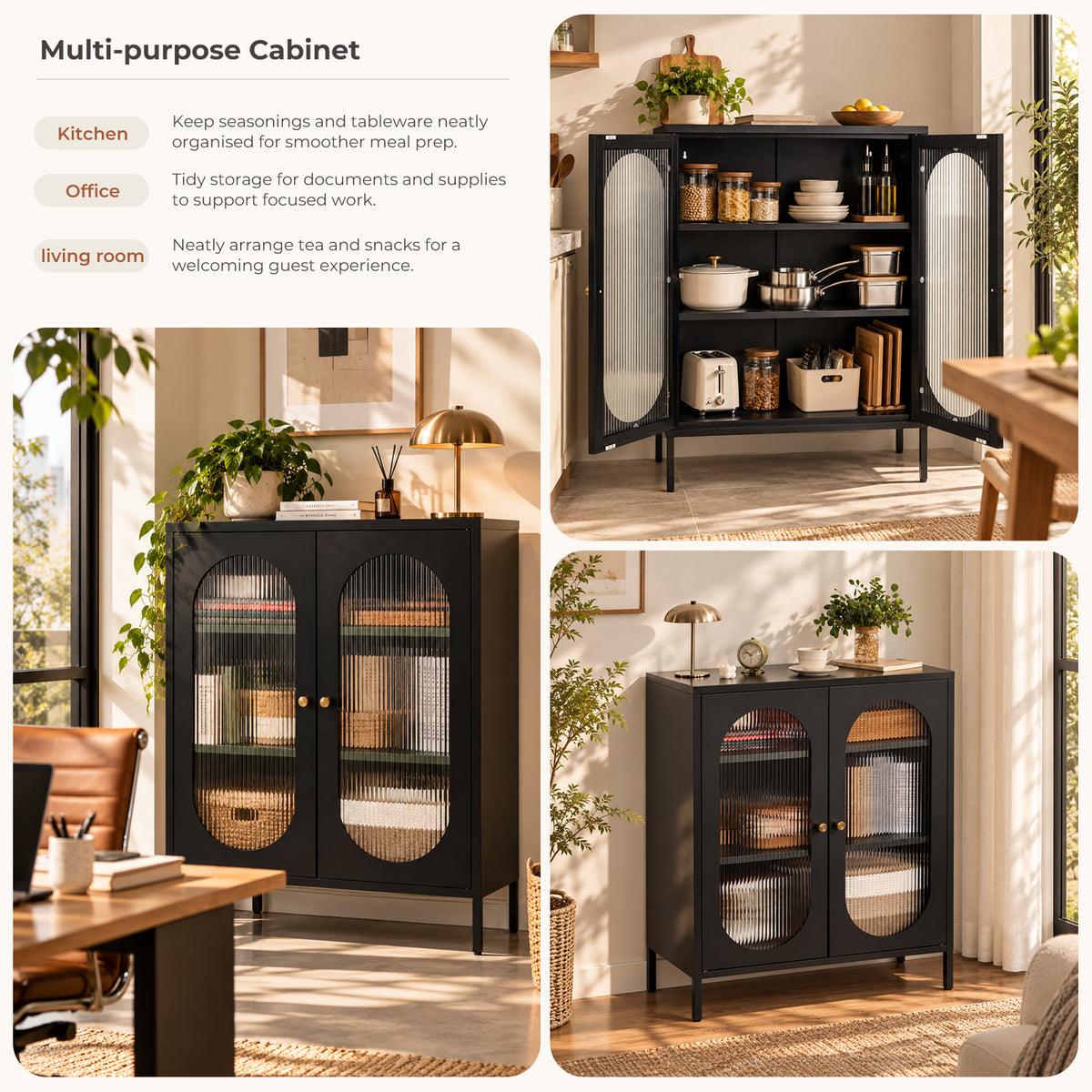 Metal Sideboard Cabinet with Ribbed Glass Doors