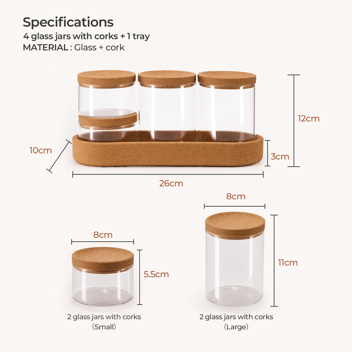Glass Storage Jar Set with Cork Lids & Tray