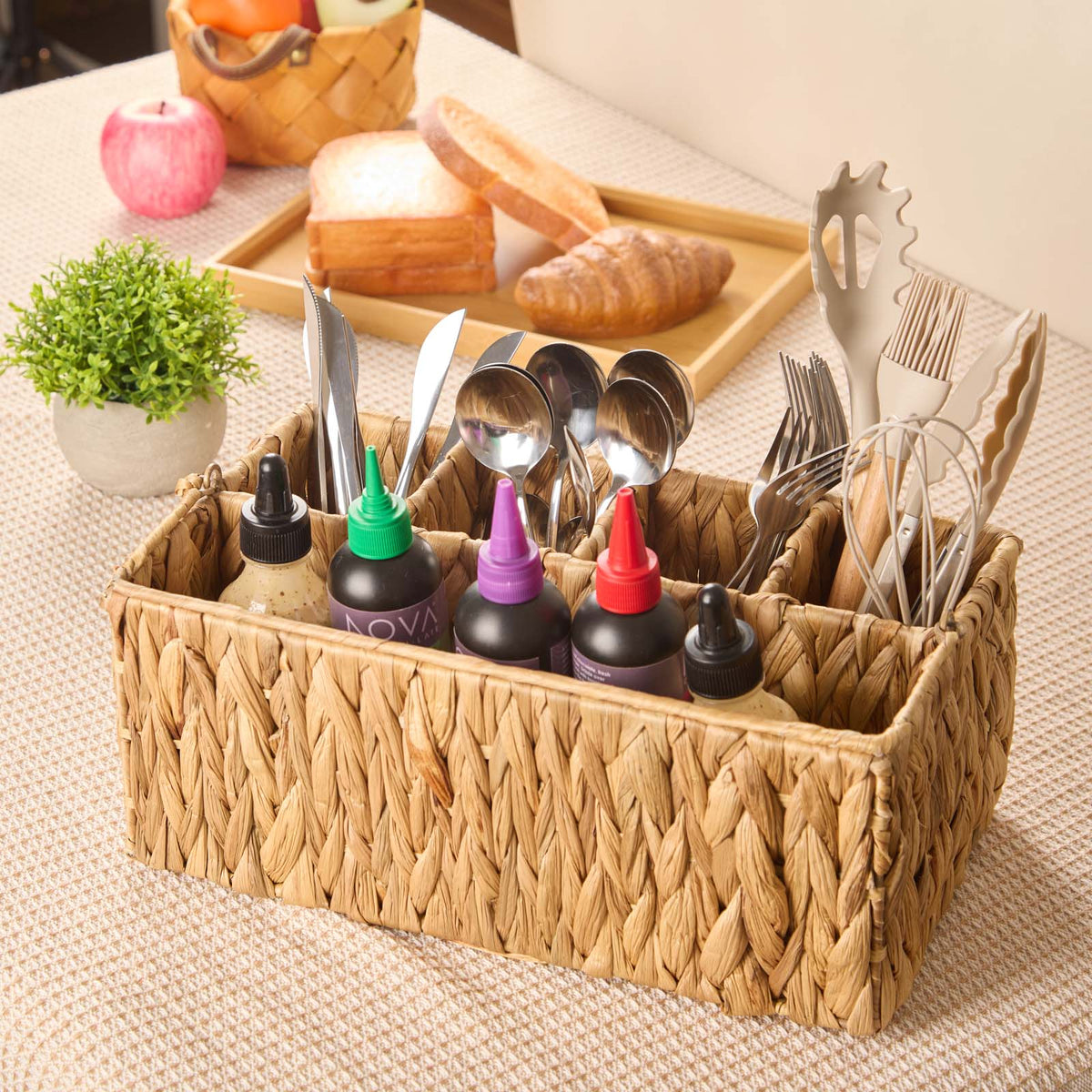 Woven Cutlery Caddy with Handle - 4 Compartments