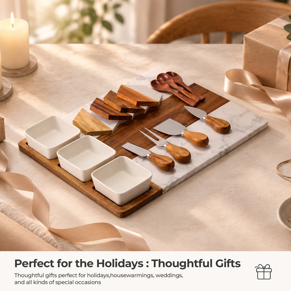 Acacia Wood & White Marble Charcuterie Board Set