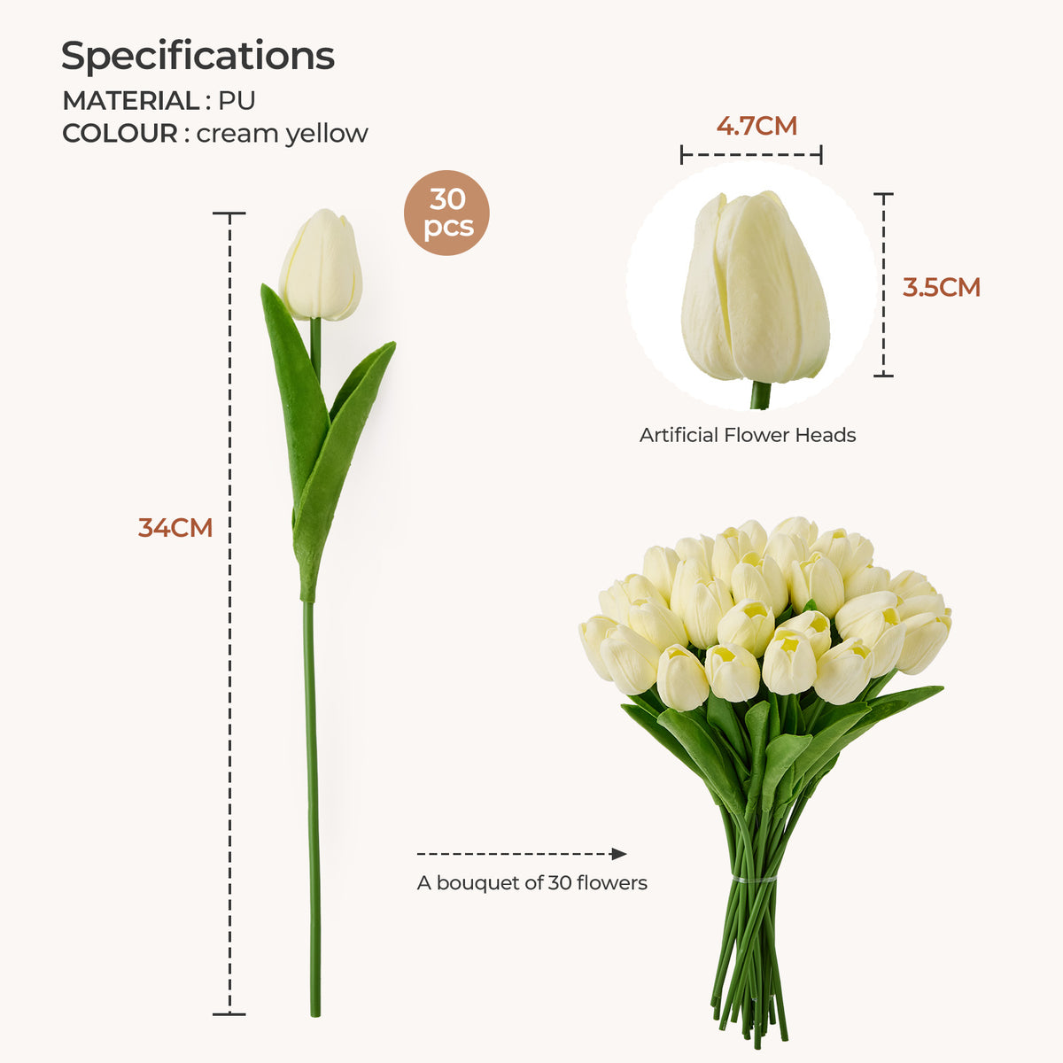 Artificial Tulips - Pastel Yellow, 30 Stems