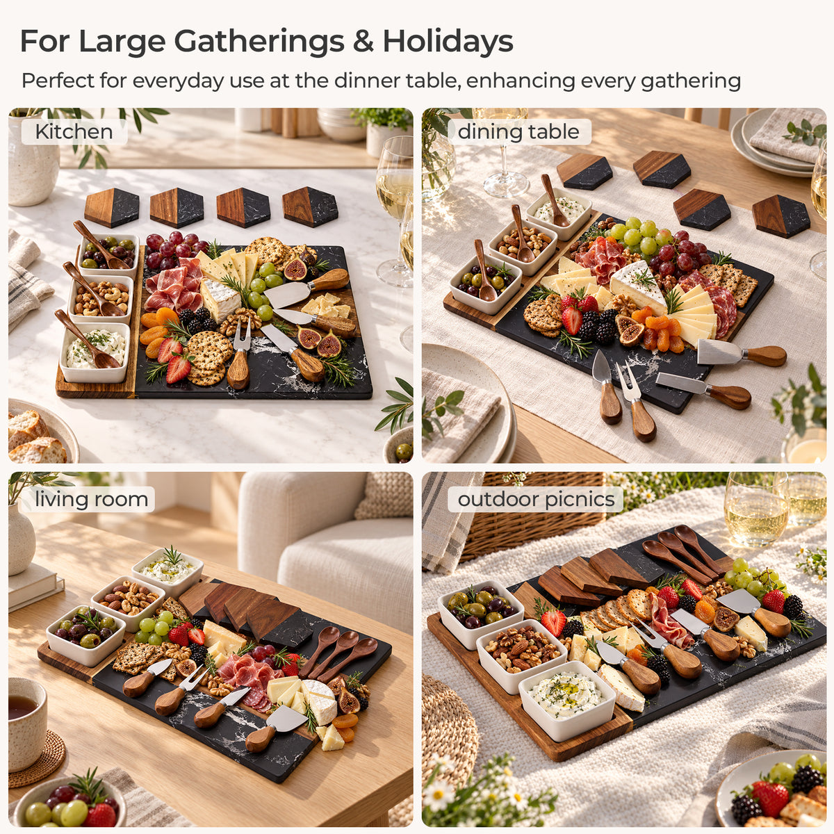 Acacia Wood & Black Marble Charcuterie Board Set
