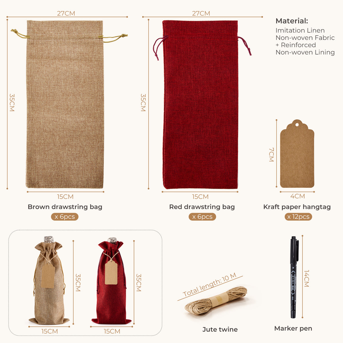 Burlap-Style Wine Gift Bags with Tags - 12 Pack