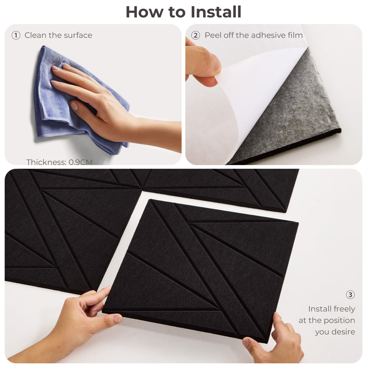 Black Self-Adhesive Acoustic Felt Panels | 12-Pack | 30 × 30 cm
