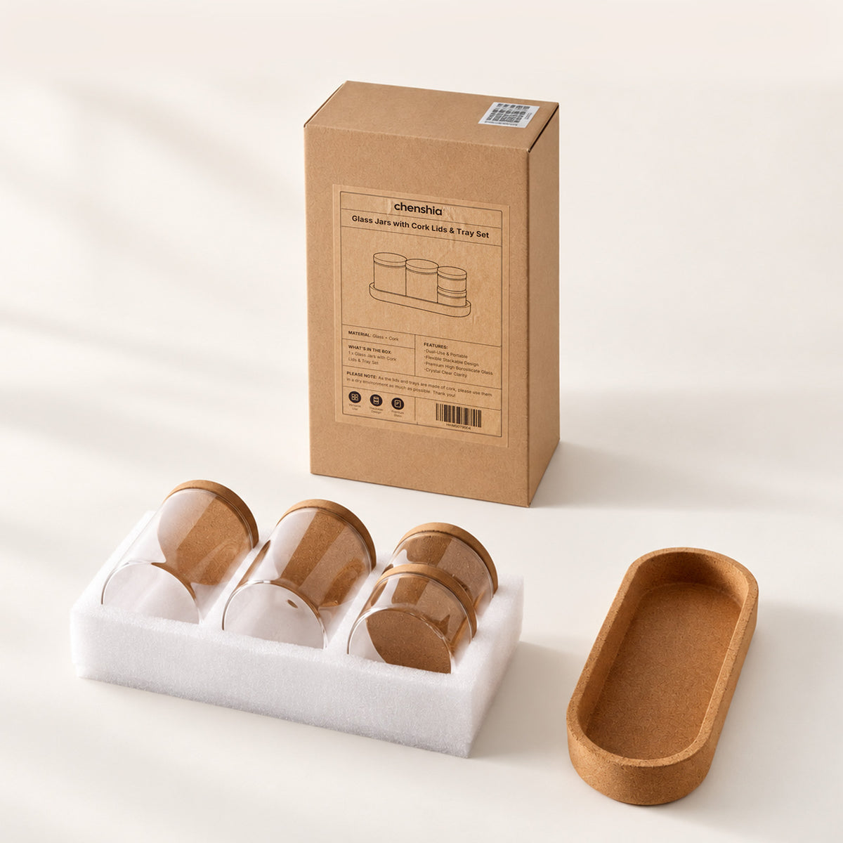 Glass Storage Jar Set with Cork Lids & Tray