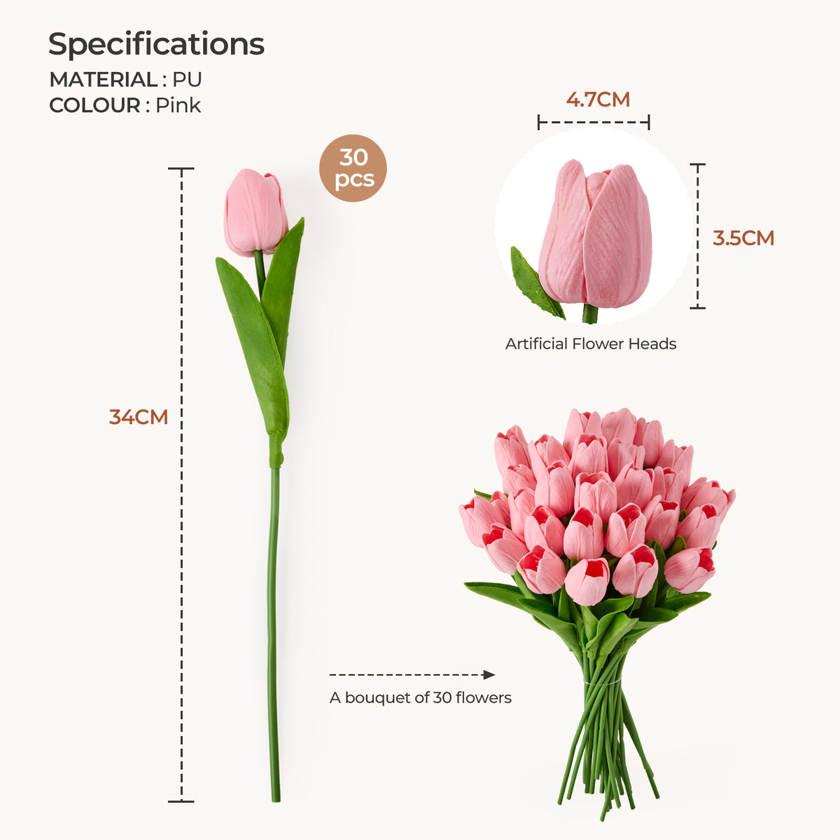 Artificial Tulips - Pink, 30 Stems