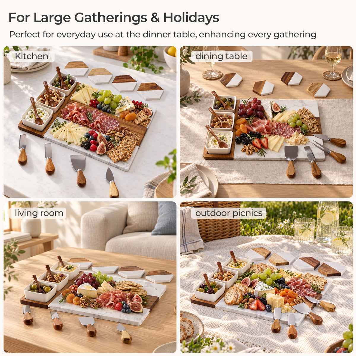 Acacia Wood & White Marble Charcuterie Board Set