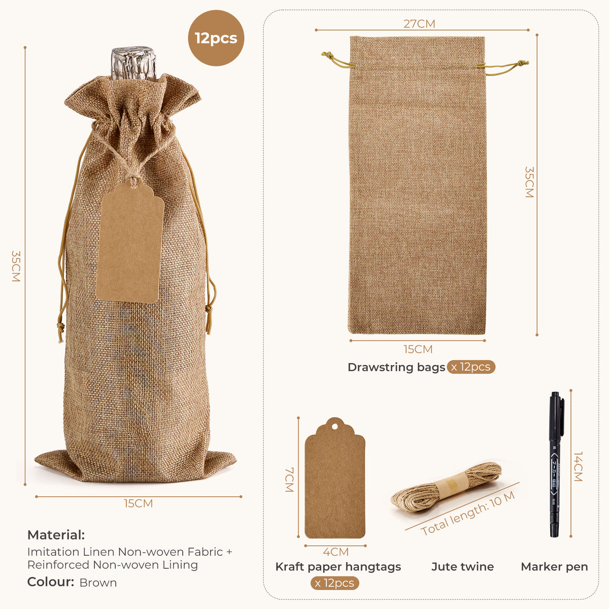 Burlap-Style Wine Gift Bags with Tags - 12 Pack