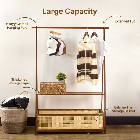Bamboo Clothing Rack with Rattan Basket & Wheels
