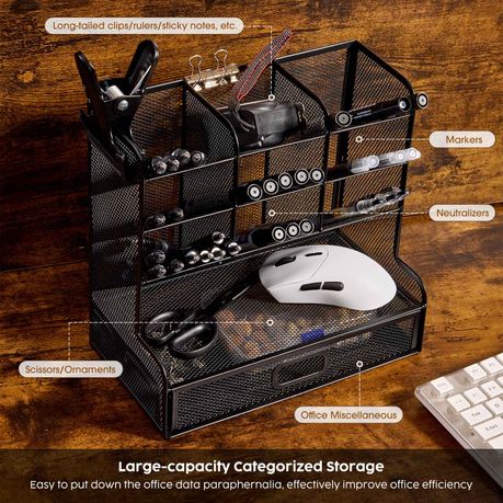 Chenshia Mesh Desktop Stationary Organizer with Drawer Pens Holder for Desk