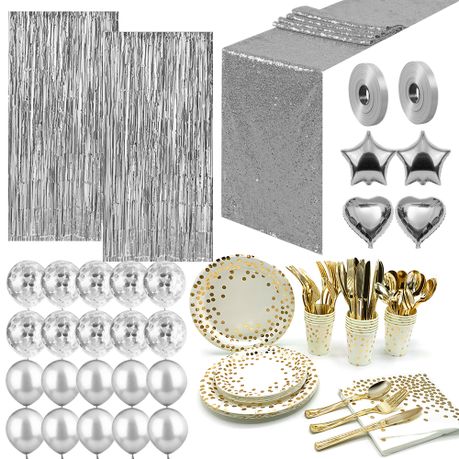 Party Tableware & Decoration Kit - Silver and Gold
