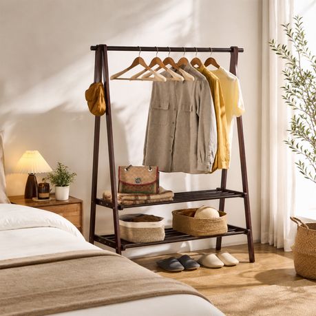 Solid Wood Freestanding Clothes Rack with Double Rail